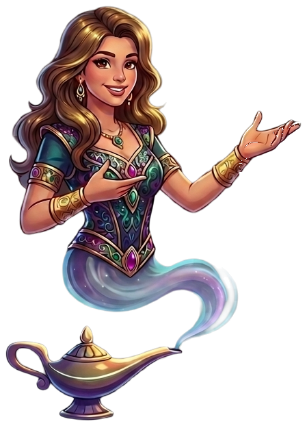 The List Me Genie rising from her lamp